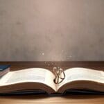 Lupa digital sobre libro con fondo de escritorio moderno