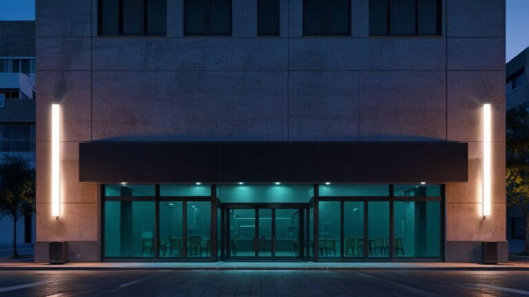 Edificio moderno con arquitectura innovadora y luces LED en un entorno urbano nocturno