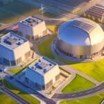 Vista aérea de una moderna instalación tecnológica en Alemania al amanecer