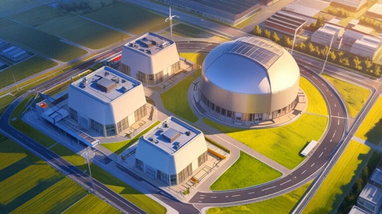 Vista aérea de una moderna instalación tecnológica en Alemania al amanecer