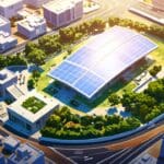 Vista aérea de un moderno centro de innovación rodeado de vegetación en un día soleado