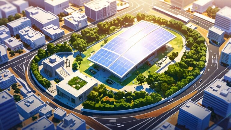 Vista aérea de un moderno centro de innovación rodeado de vegetación en un día soleado