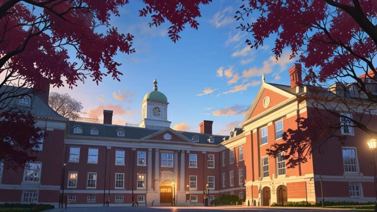 Edificio de la Universidad de Harvard con luz suave de tarde.