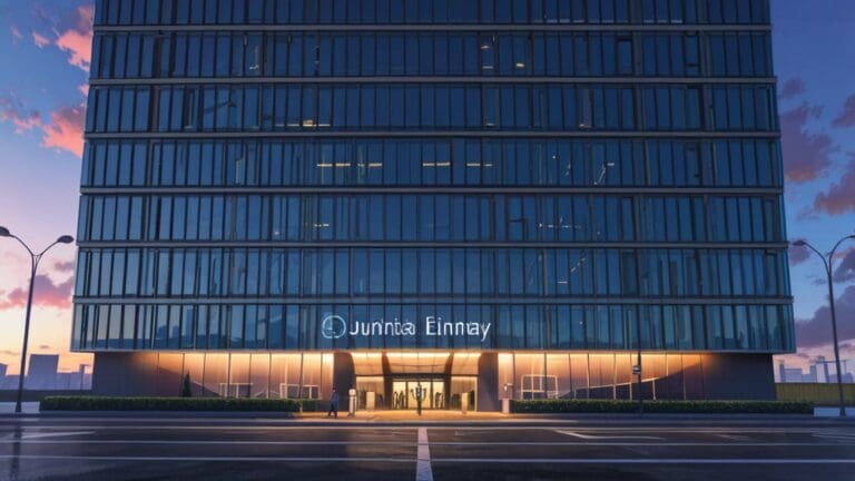 Edificio moderno con tecnología de punta y diseño arquitectónico innovador al amanecer