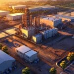 Vista aérea de un parque industrial con edificios tecnológicos al atardecer