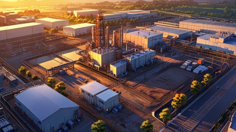 Vista aérea de un parque industrial con edificios tecnológicos al atardecer