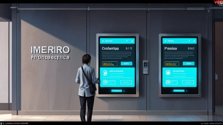 Entorno moderno y tecnológico con pantallas digitales mostrando procesos de pago avanzados.