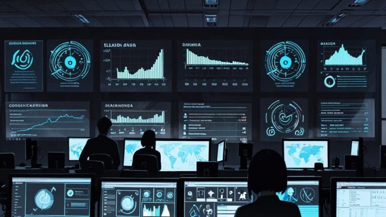Oficina moderna con personas trabajando en computadoras con gráficos de inteligencia artificial en pantalla
