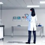 Oficina moderna con pantallas mostrando aplicaciones de IA médica