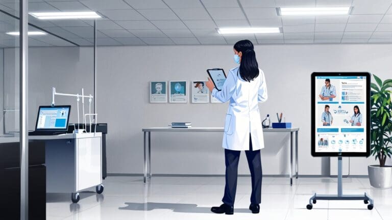 Oficina moderna con pantallas mostrando aplicaciones de IA médica