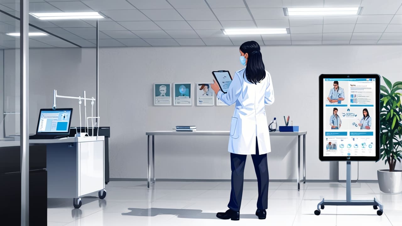 Oficina moderna con pantallas mostrando aplicaciones de IA médica