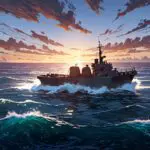 Buque de guerra autónomo navegando en un mar tranquilo al amanecer, rodeado de tecnología avanzada.