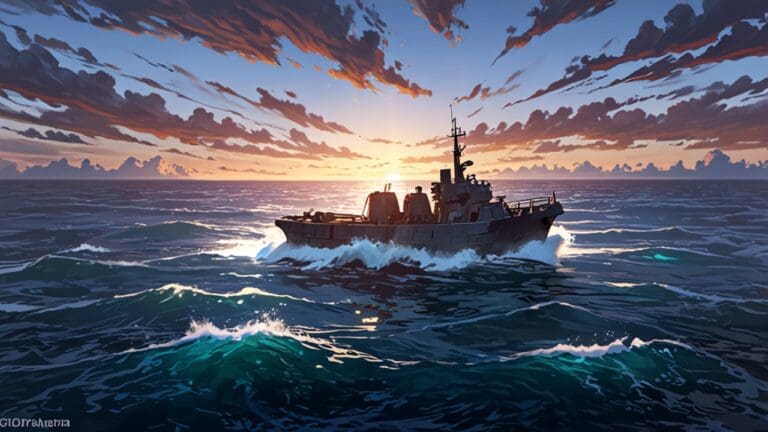 Buque de guerra autónomo navegando en un mar tranquilo al amanecer, rodeado de tecnología avanzada.