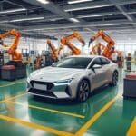Fábrica moderna de automóviles con líneas de producción y robots automatizados