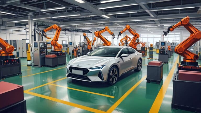 Fábrica moderna de automóviles con líneas de producción y robots automatizados