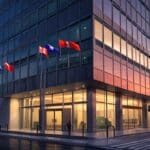 Edificios de oficinas modernas con bandera de Chile y EE.UU. al atardecer