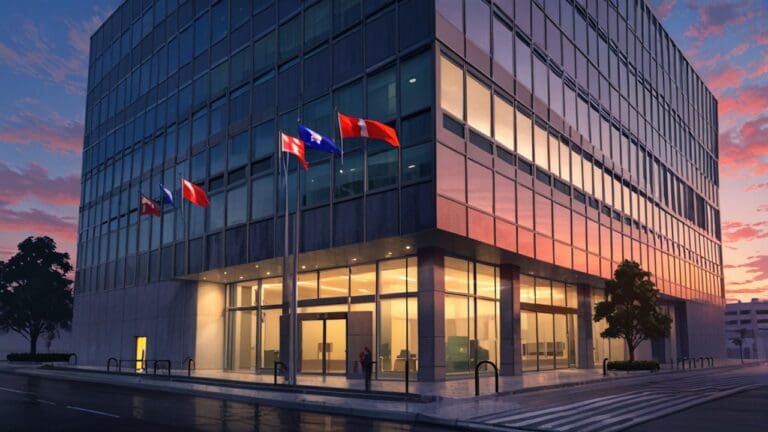 Edificios de oficinas modernas con bandera de Chile y EE.UU. al atardecer