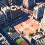 Vista aérea de un centro de negocios moderno en Madrid con tecnología blockchain