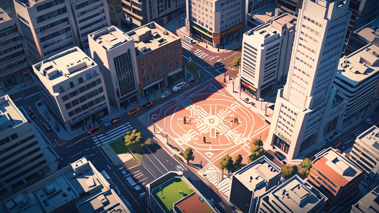 Vista aérea de un centro de negocios moderno en Madrid con tecnología blockchain