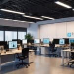 Oficinas modernas de una startup tecnológica con pantallas y equipos de trabajo conectados