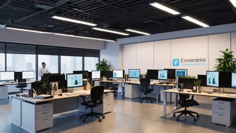 Oficinas modernas de una startup tecnológica con pantallas y equipos de trabajo conectados
