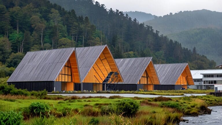 Centro de innovación en Chiloé rodeado de naturaleza con edificios modernos.