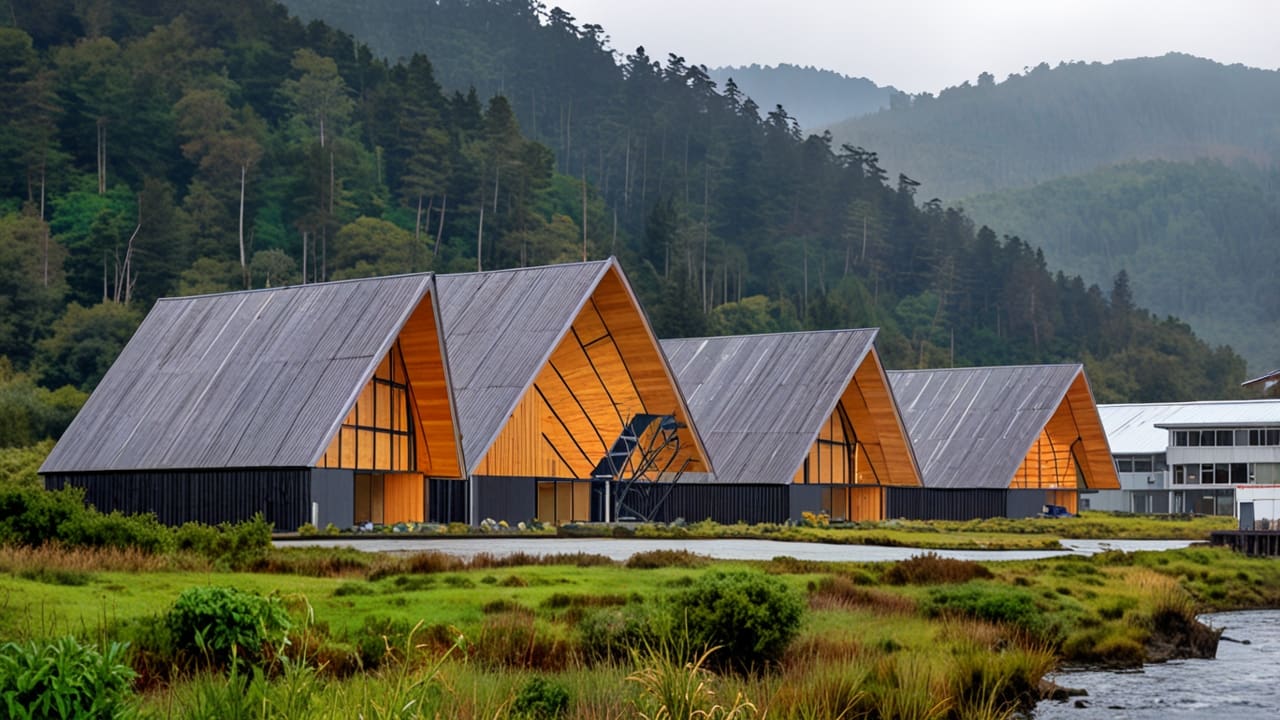 Centro de innovación en Chiloé rodeado de naturaleza con edificios modernos.