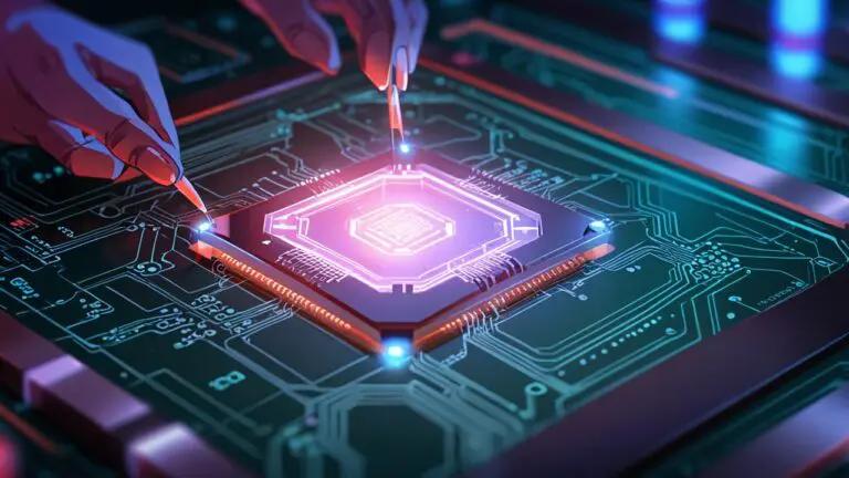 Primer plano de un microchip futurista iluminado con luces láser en un laboratorio tecnológico limpio