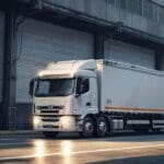 Primer plano de un moderno camión eléctrico en un entorno industrial urbano