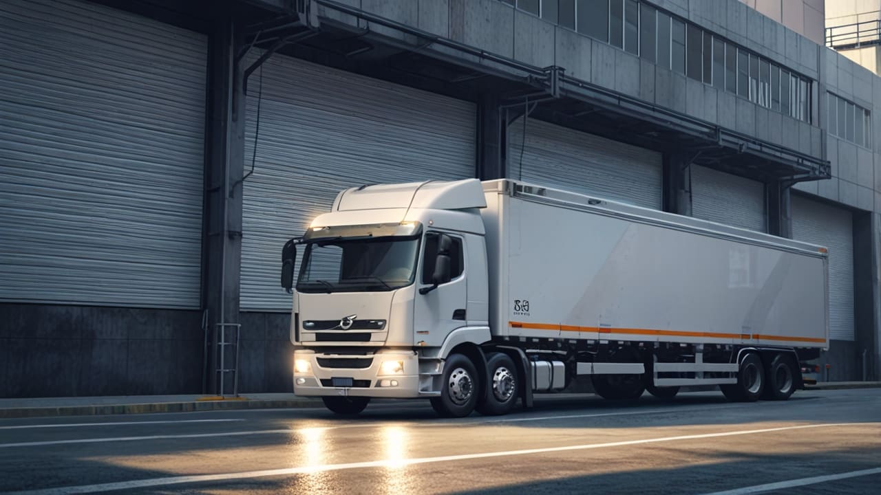 Primer plano de un moderno camión eléctrico en un entorno industrial urbano