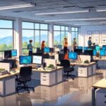 Oficinas modernas de tecnología en Silicon Valley con ambiente de trabajo