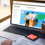 Laptop abierta mostrando una página web de reservas de viajes en una oficina moderna