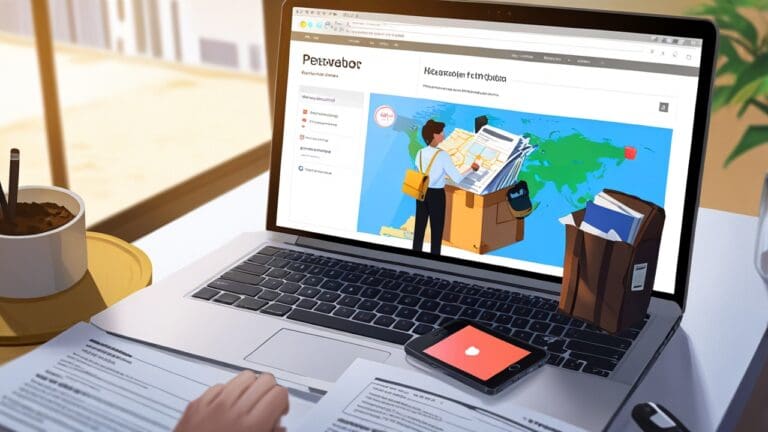 Laptop abierta mostrando una página web de reservas de viajes en una oficina moderna