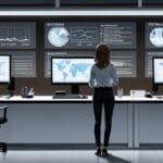 Oficina moderna con computadoras y gráficos digitales en las pantallas