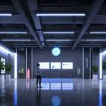 Interior moderno de un centro de innovación con tecnología de última generación y pantallas digitales.