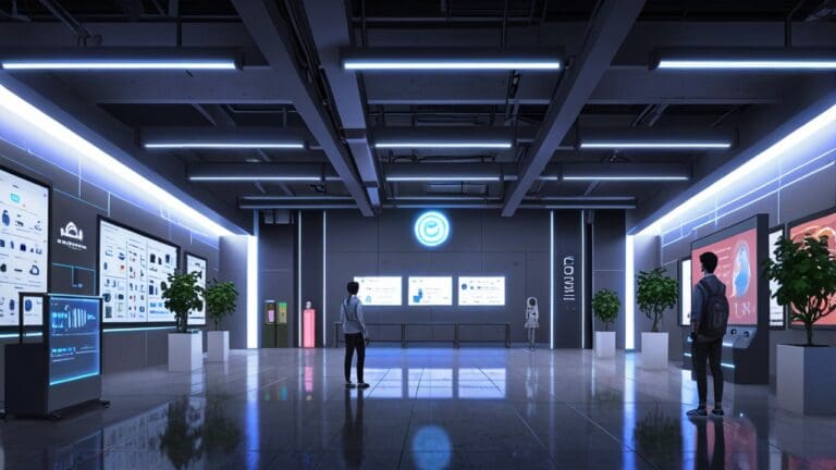 Interior moderno de un centro de innovación con tecnología de última generación y pantallas digitales.