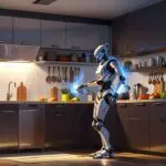 Robot humanoide tecnológico realizando tareas del hogar en una cocina moderna.