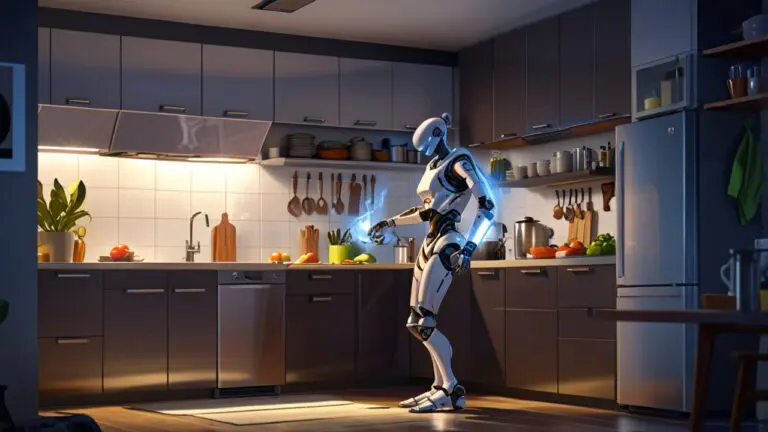 Robot humanoide tecnológico realizando tareas del hogar en una cocina moderna.