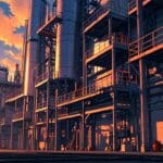 Área industrial con fábricas de tecnología avanzada al amanecer, sin personas.