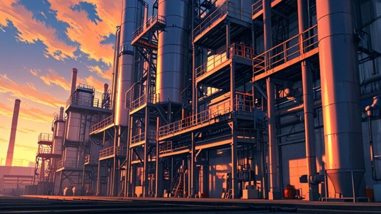 Área industrial con fábricas de tecnología avanzada al amanecer, sin personas.