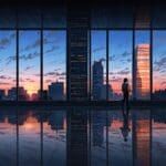 Edificios modernos con diseño arquitectónico vanguardista reflejando un centro tecnológico al amanecer