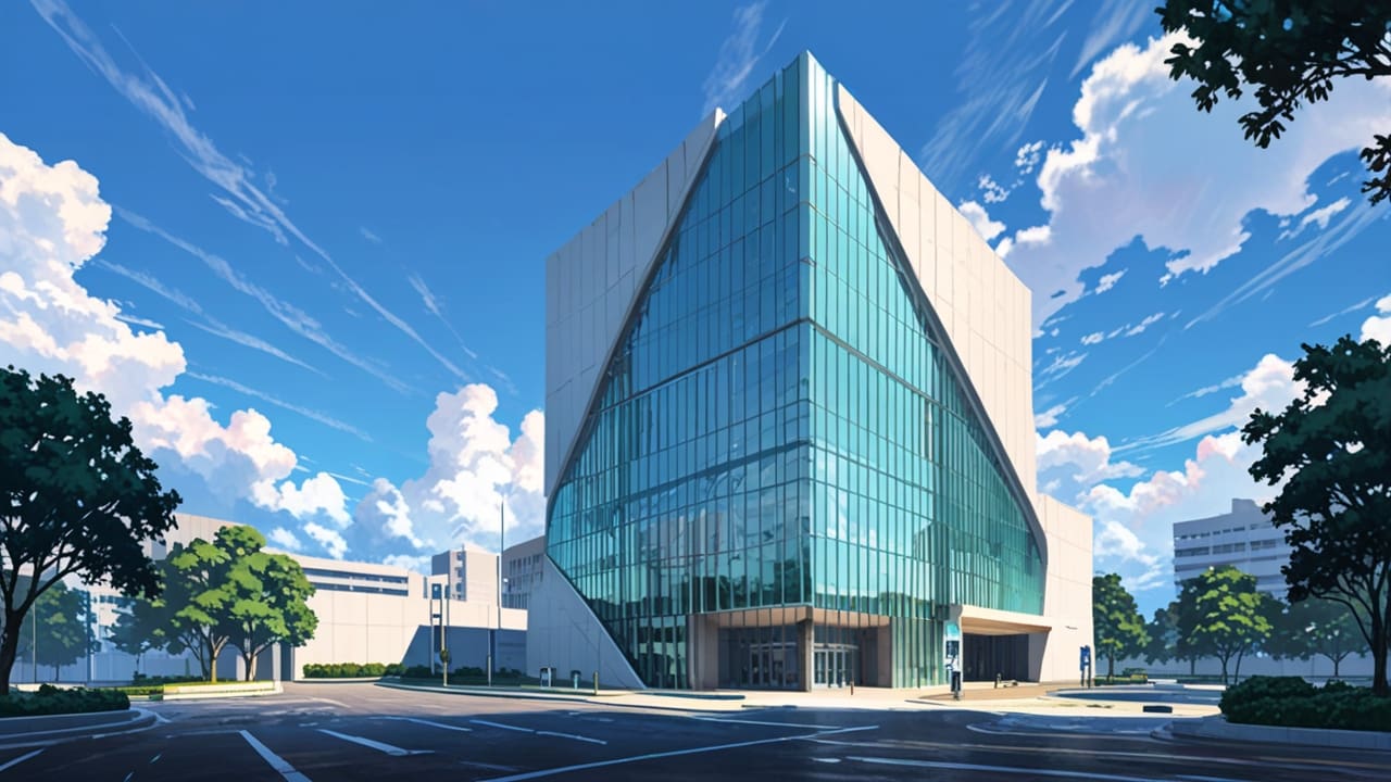 Edificio moderno de universidad con diseño arquitectónico vanguardista y cielo despejado