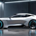Prototipo de un coche eléctrico futurista en un entorno de showroom tecnológico