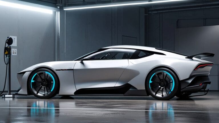 Prototipo de un coche eléctrico futurista en un entorno de showroom tecnológico