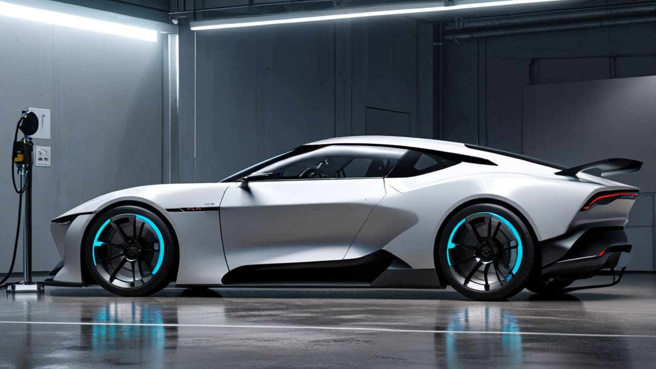 Prototipo de un coche eléctrico futurista en un entorno de showroom tecnológico