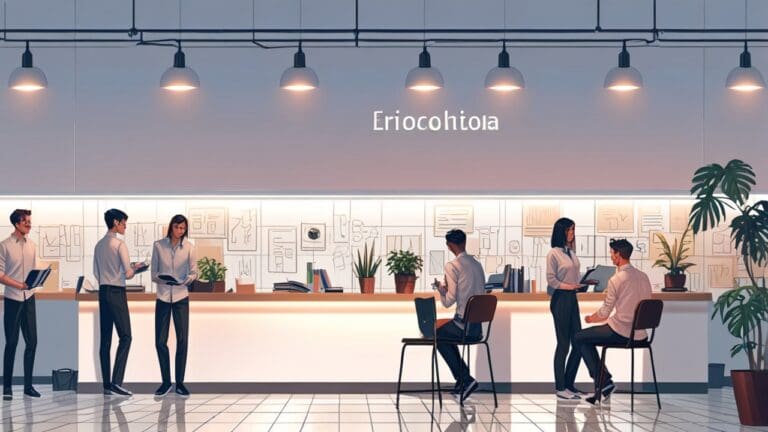 Recinto tecnológico moderno con un grupo de personas intercambiando ideas en estaciones de trabajo