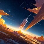 Cohete despegando en una base espacial al amanecer, con cielo despejado y equipos modernos rodeándolo.