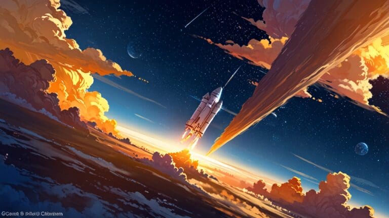 Cohete despegando en una base espacial al amanecer, con cielo despejado y equipos modernos rodeándolo.