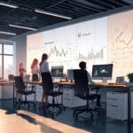 Oficinas modernas de una startup con pantallas mostrando gráficos empresariales