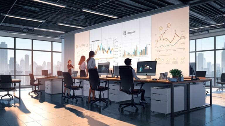 Oficinas modernas de una startup con pantallas mostrando gráficos empresariales